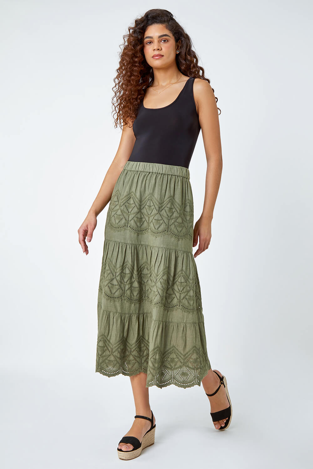 KHAKI Broderie Elastic Waist A Line Tiered Midi Skirt, Image 2 of 5