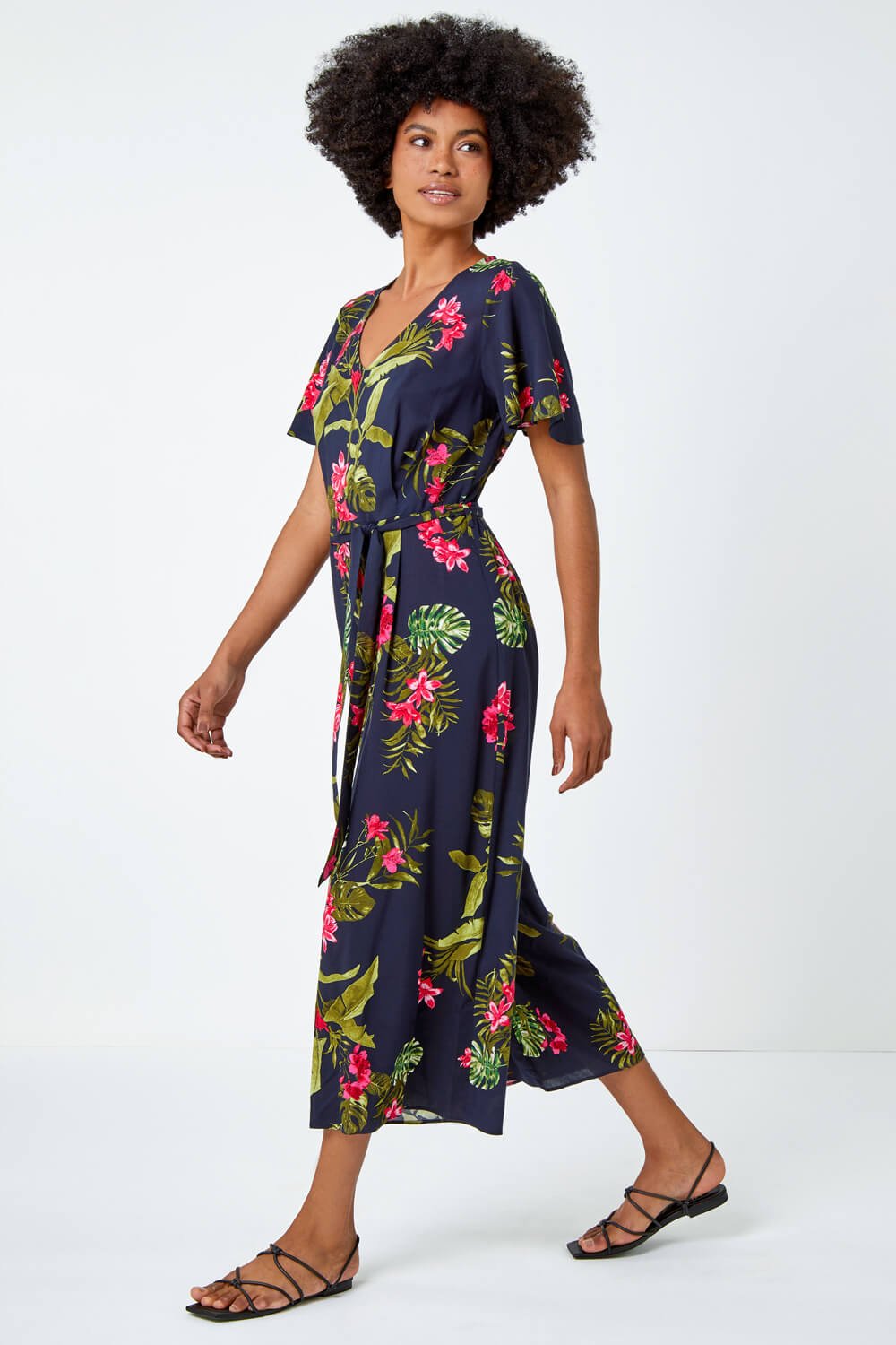 Navy  Tropical Print Belted Jumpsuit, Image 3 of 5