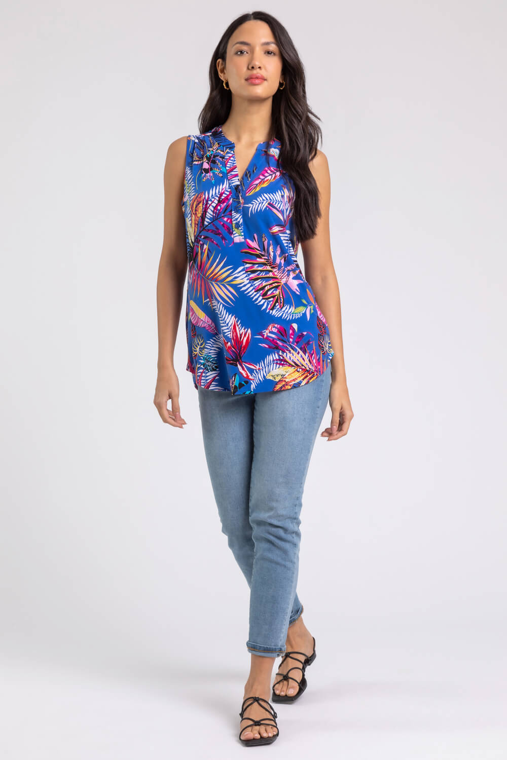 Royal Blue Tropical Print Stretch Jersey Top, Image 4 of 5