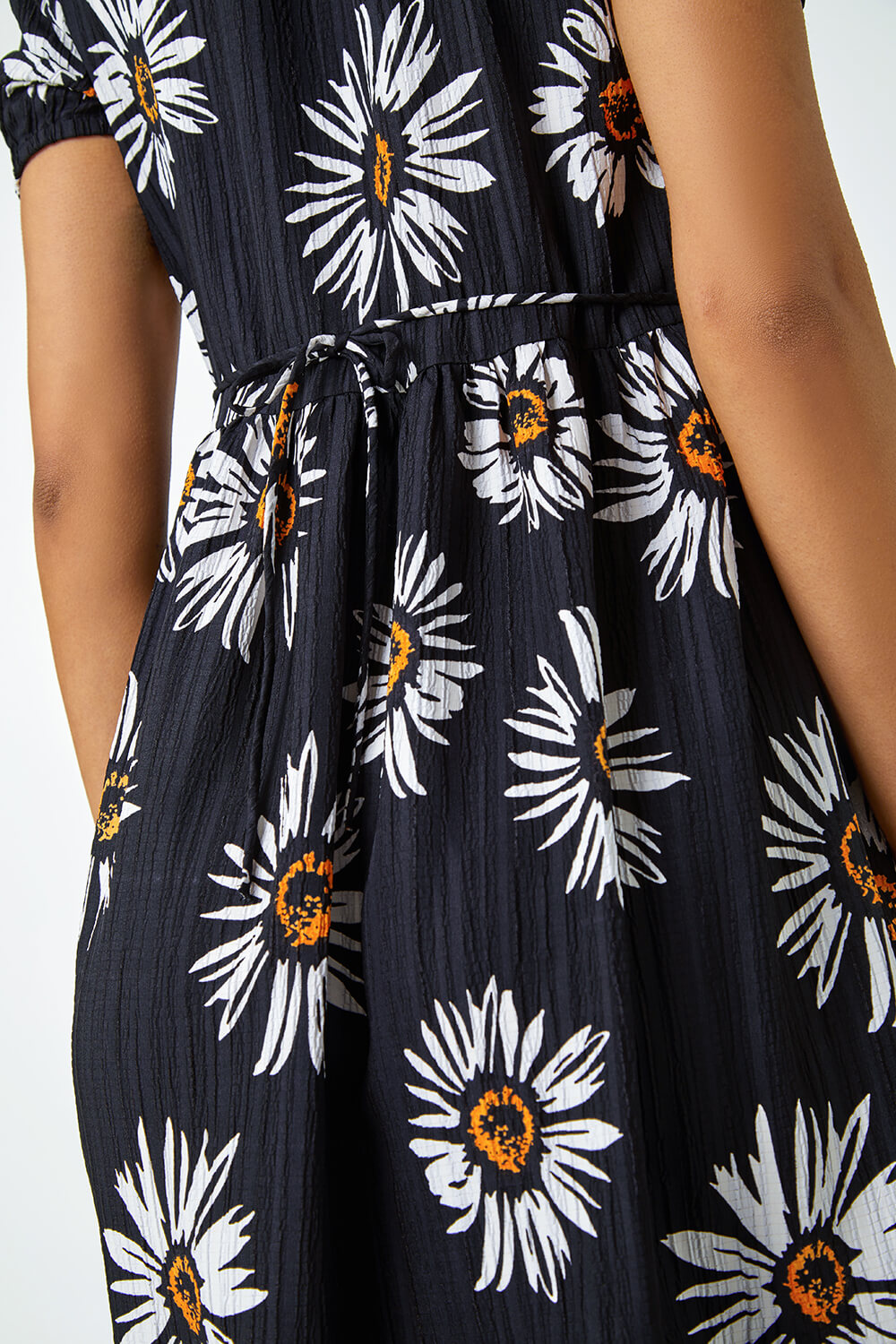 Black Daisy Print Crinkle Tie Front Mini Dress