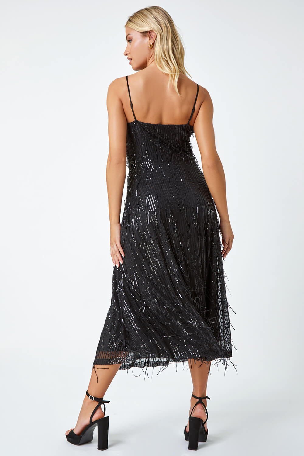 Black Sequin Tassel Midi Stretch Dress, Image 3 of 5