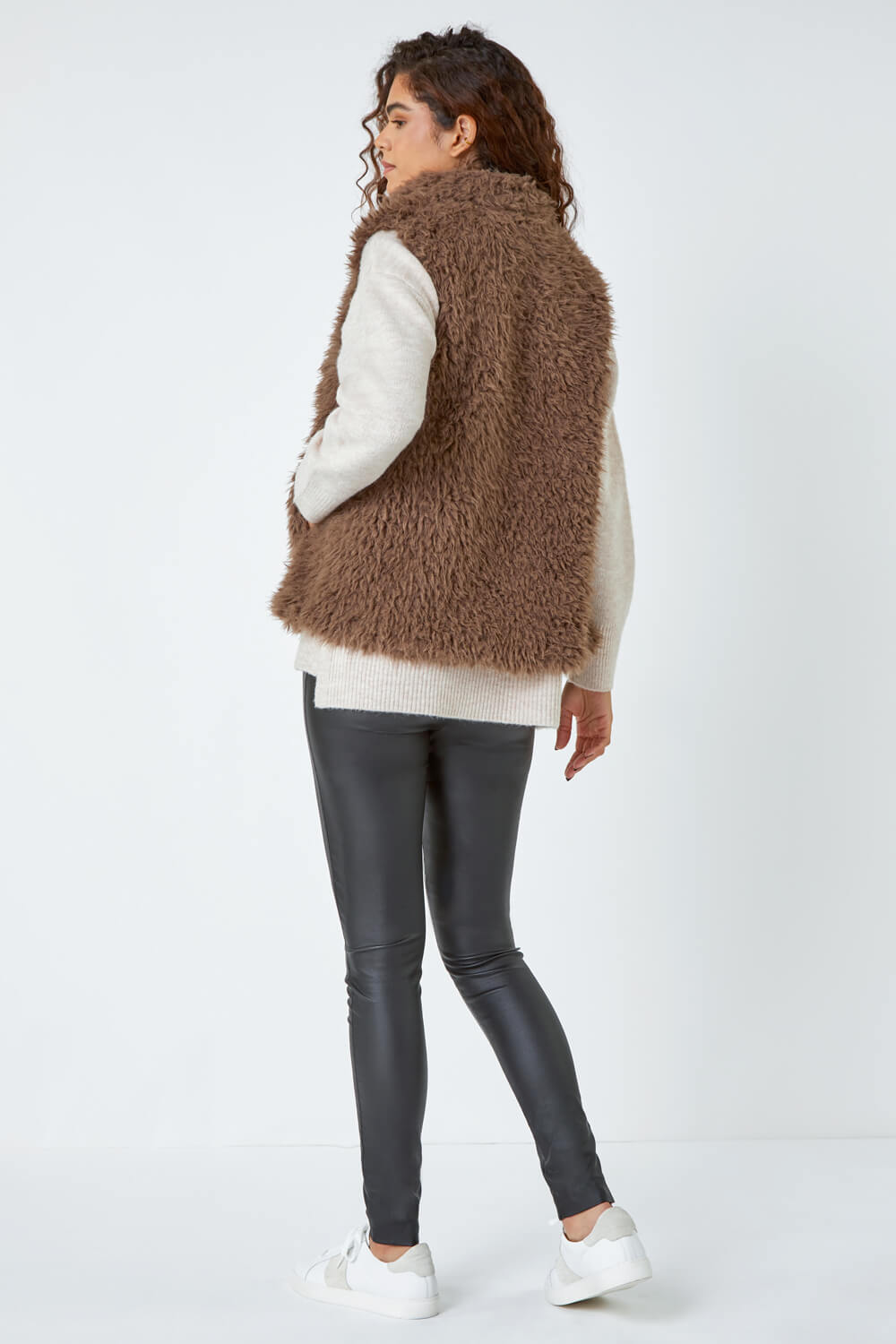 Taupe Faux Fur Fluffy Gilet, Image 3 of 5