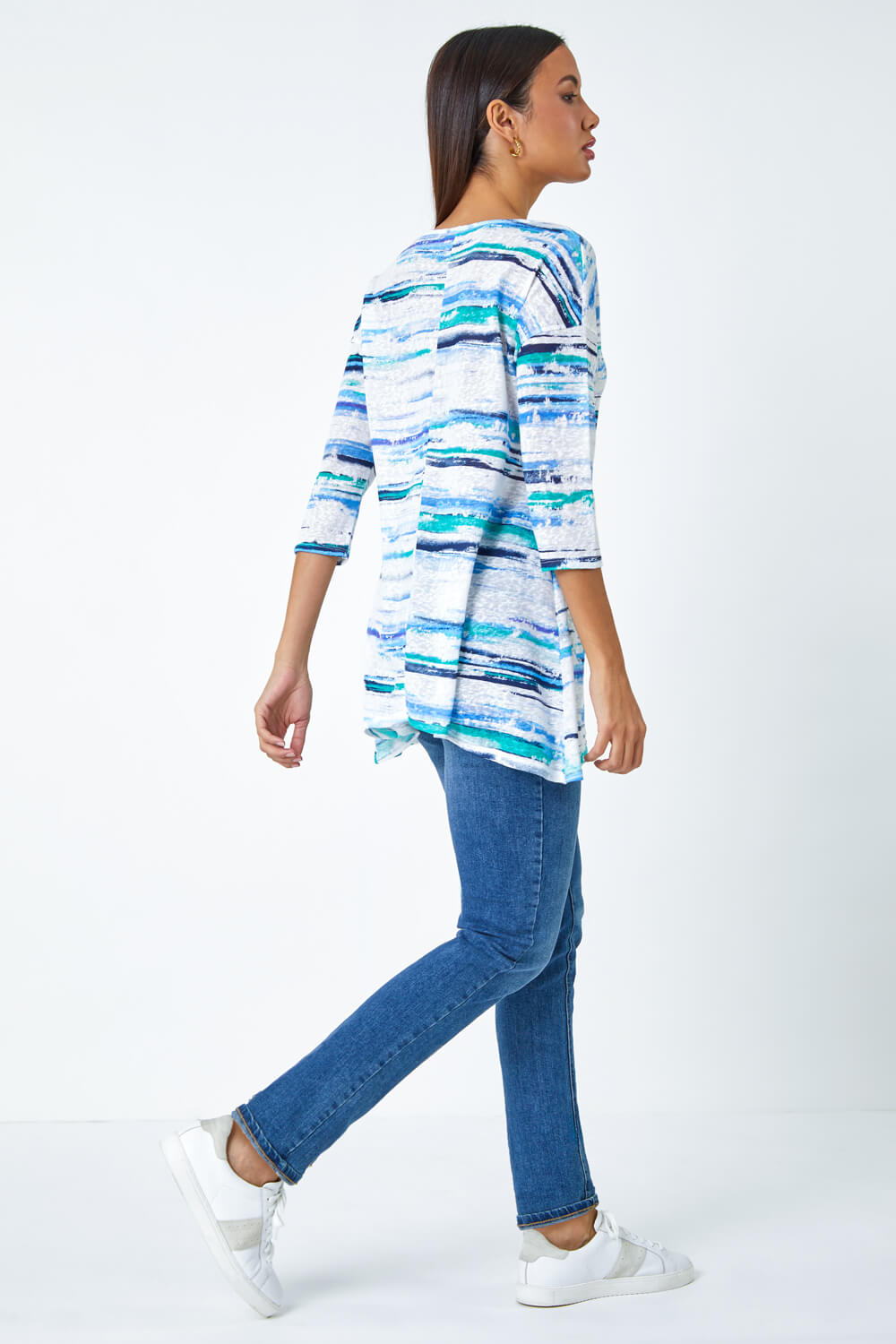 Blue Abstract Stripe Hanky Hem Stretch Top, Image 3 of 5