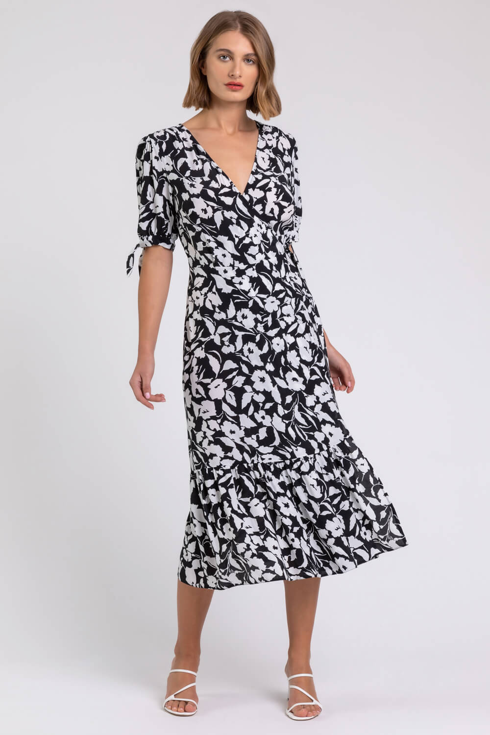 Black Tiered Floral Print Wrap Dress, Image 3 of 4