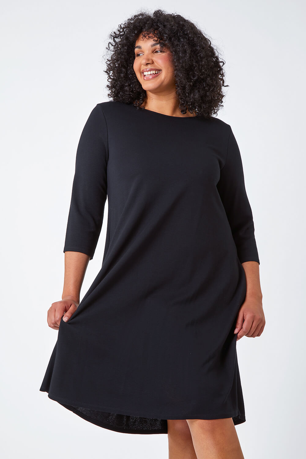 Black Curve Pocket Detail Swing Stretch Dress | Roman UK
