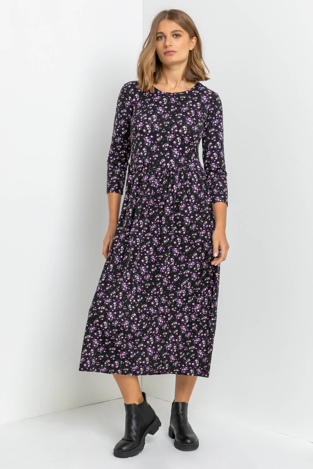 Purple Ditsy Floral Gathered Midi Dress, Image 3 of 4