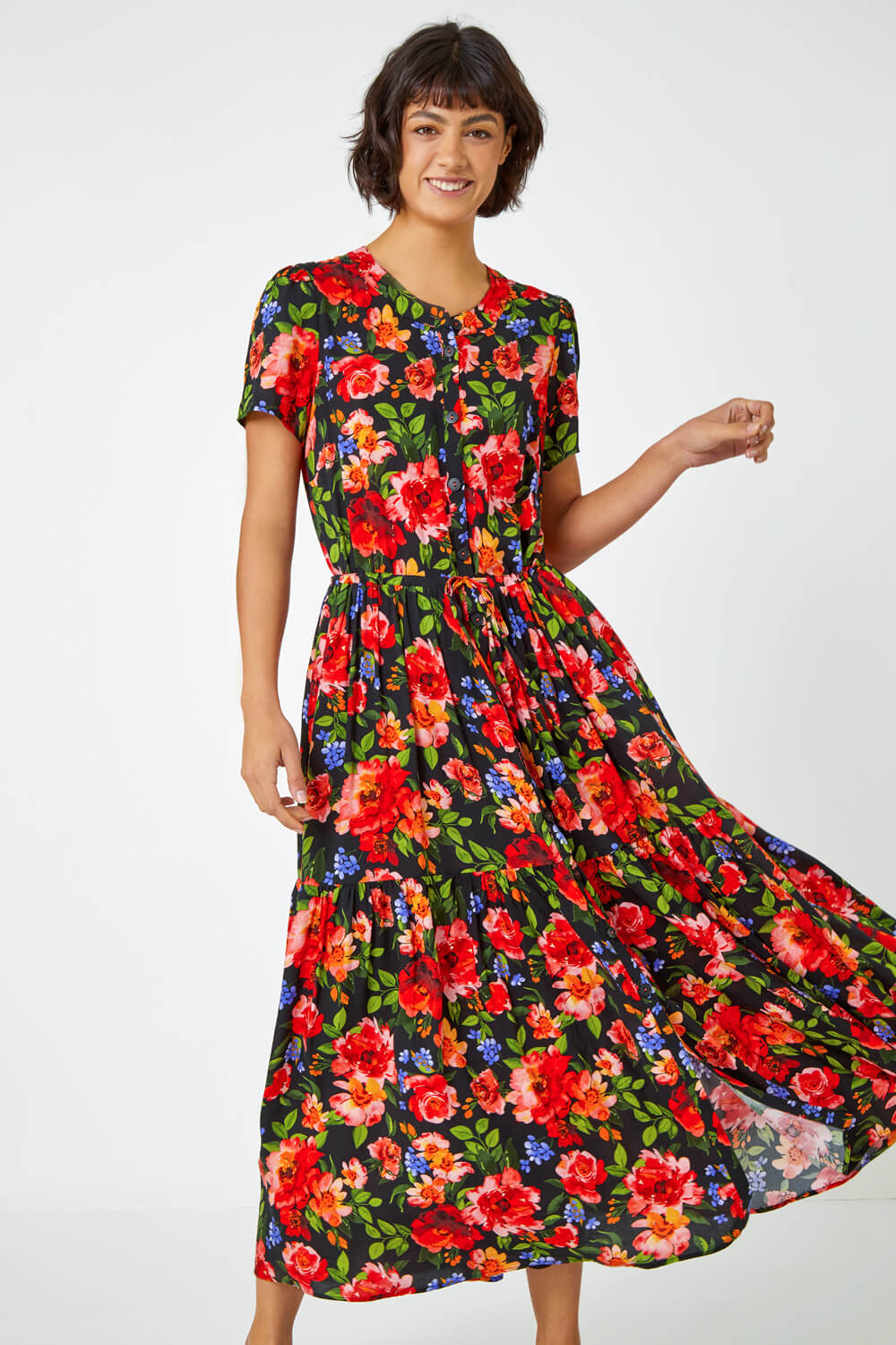 Red Floral Print Tiered Midi Dress, Image 2 of 5