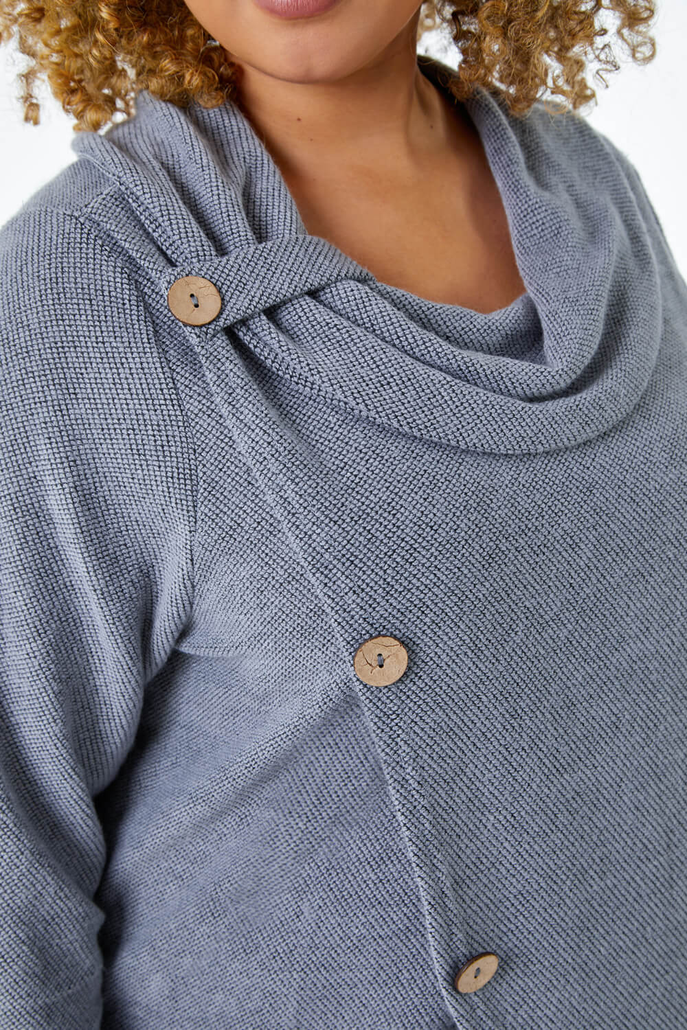 Light Grey Curve Cowl Neck Button Wrap Top, Image 5 of 5