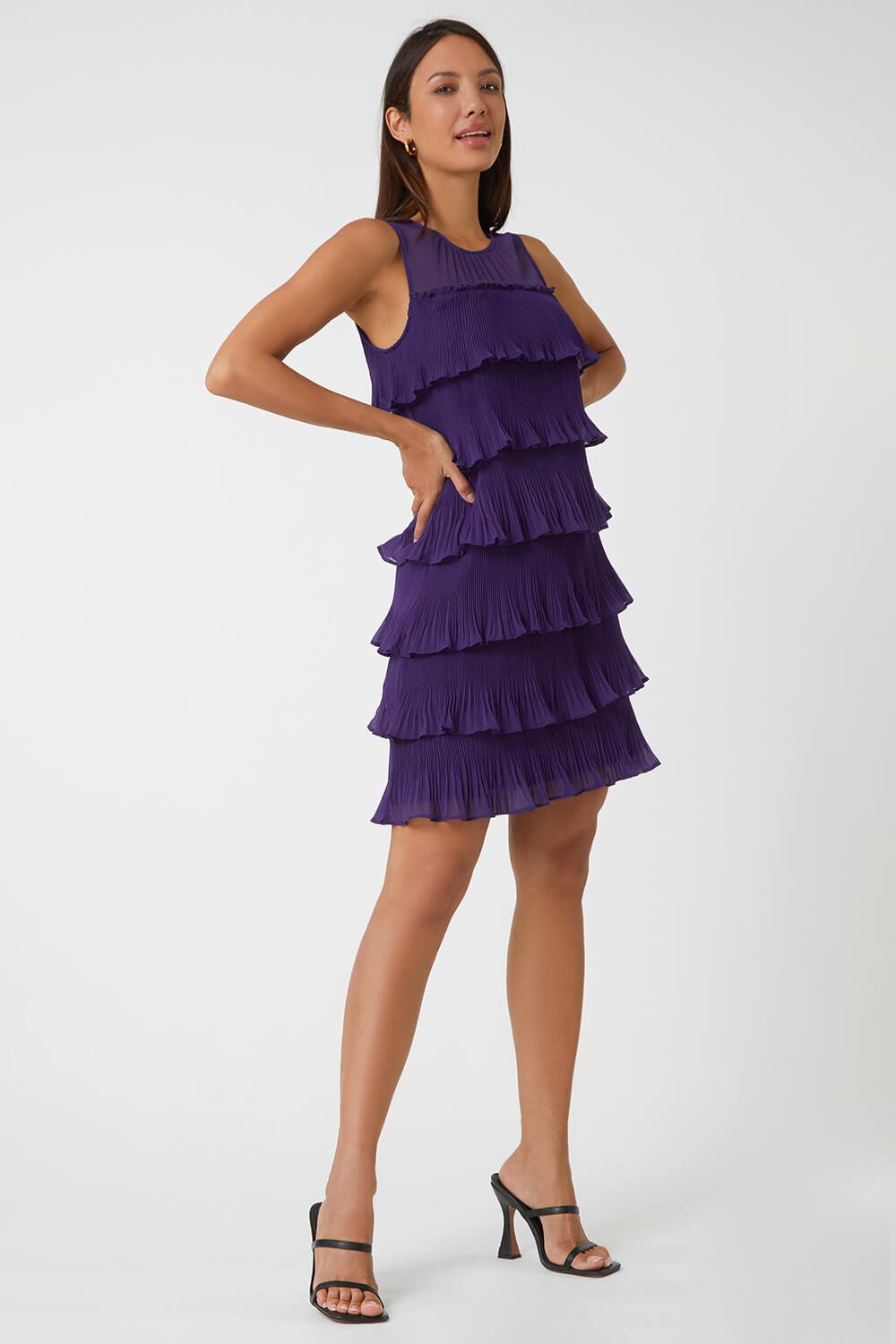 Purple Sleeveless Pleated Tiered Chiffon Dress, Image 2 of 5
