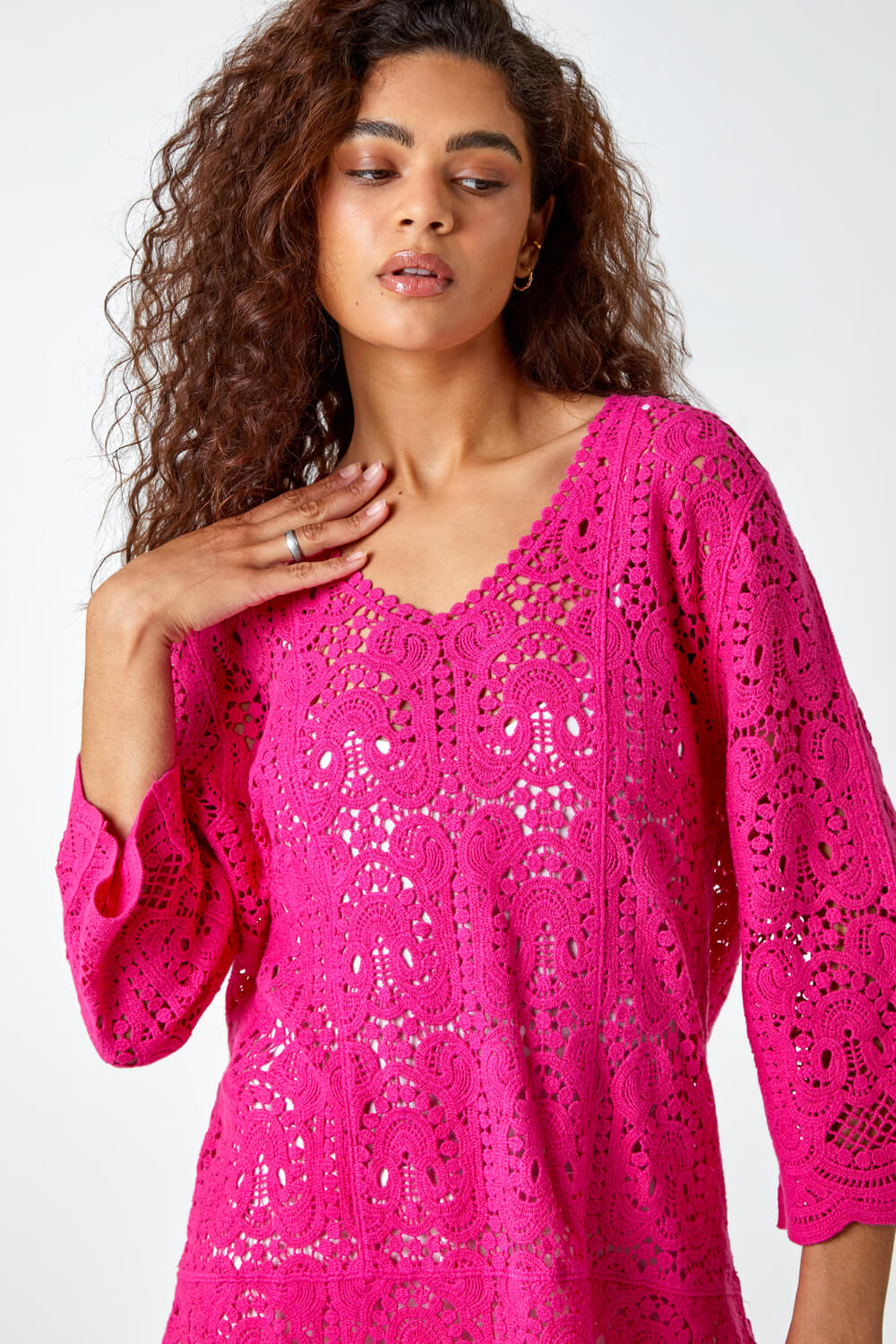 PINK Cotton Crochet Tunic Top, Image 4 of 5