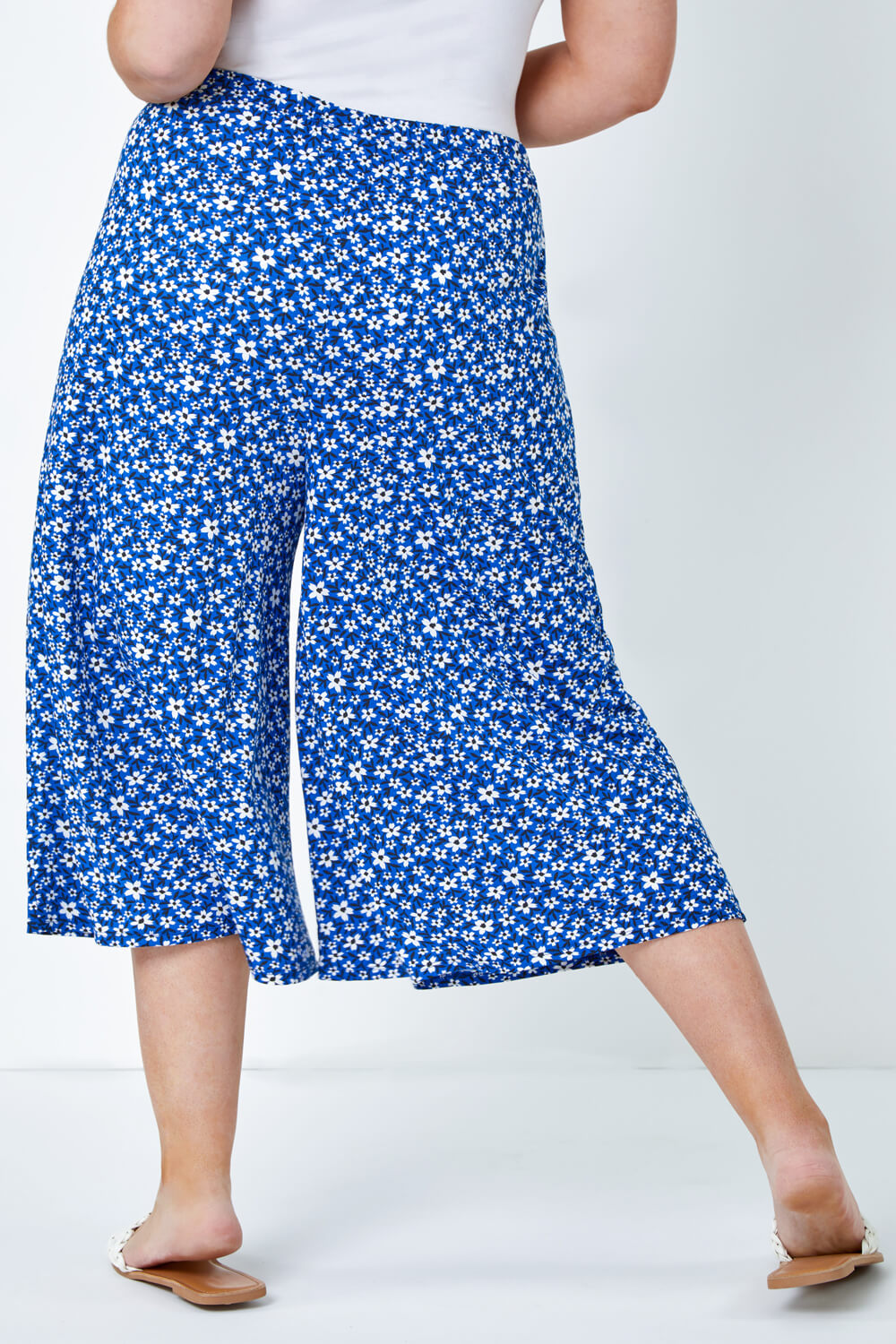 Blue Curve Floral Print Stretch Culottes, Image 3 of 5