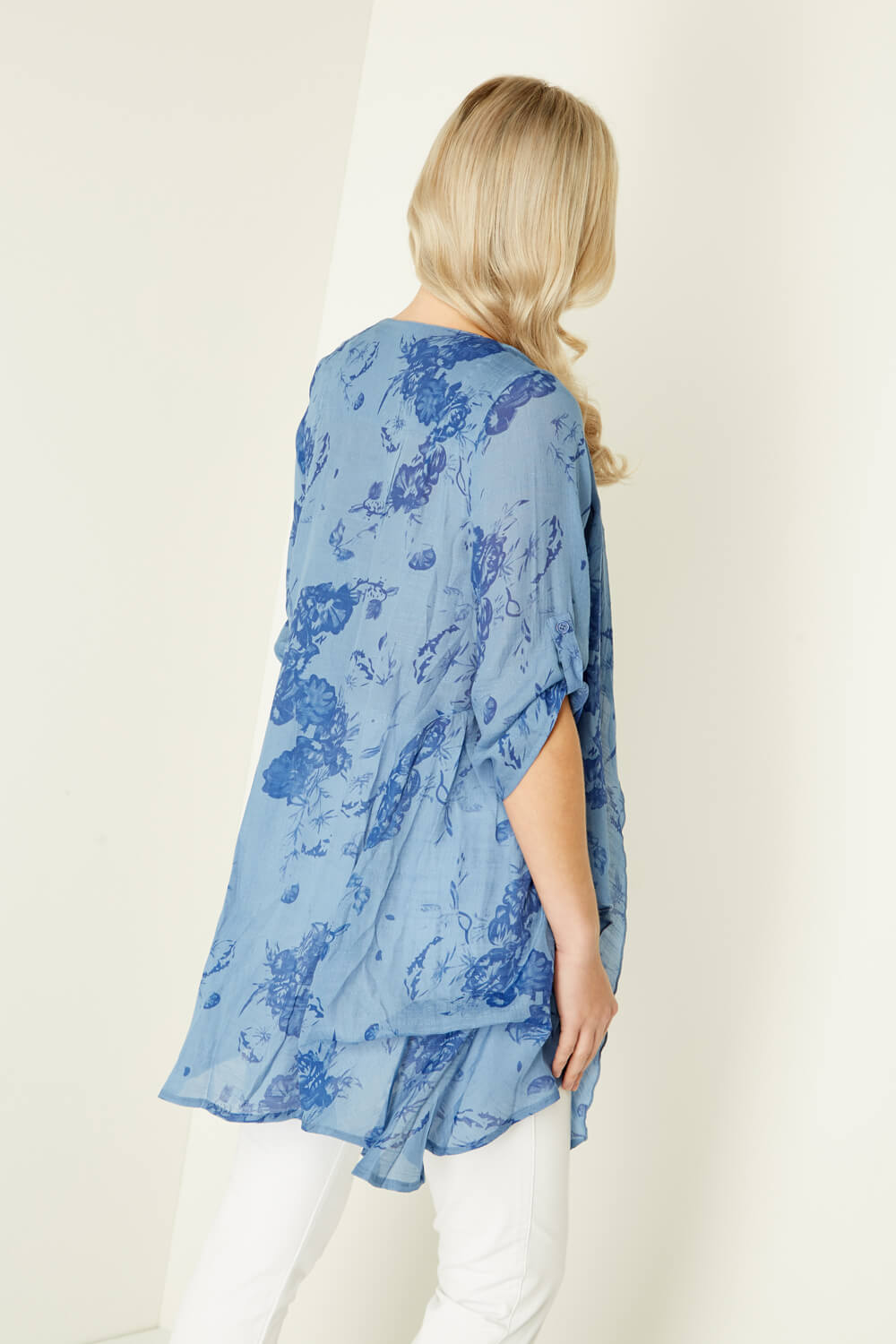 Blue Floral Print Crinkle Tunic, Image 2 of 4