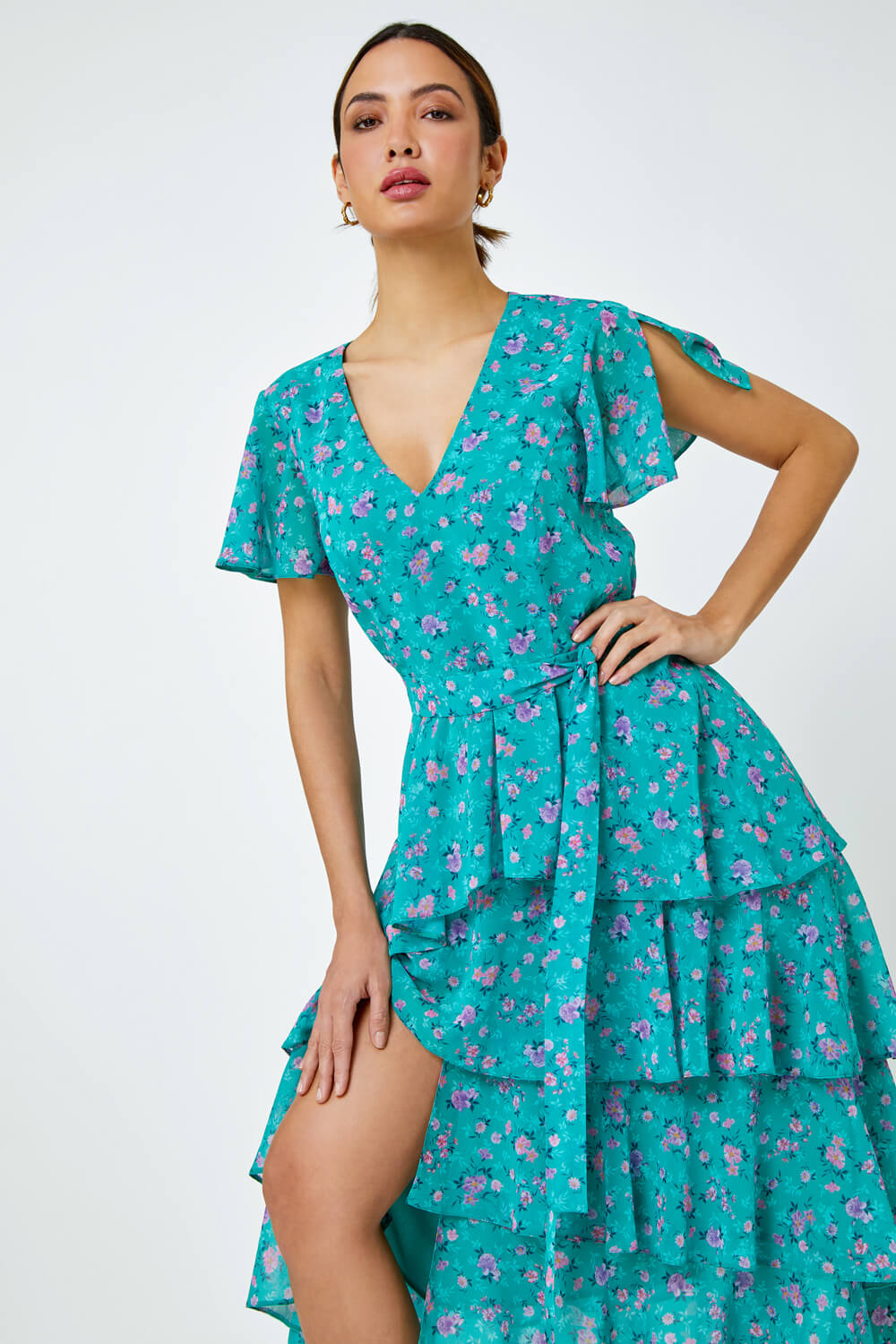 Green Floral Print Tiered Midi Dress, Image 2 of 6