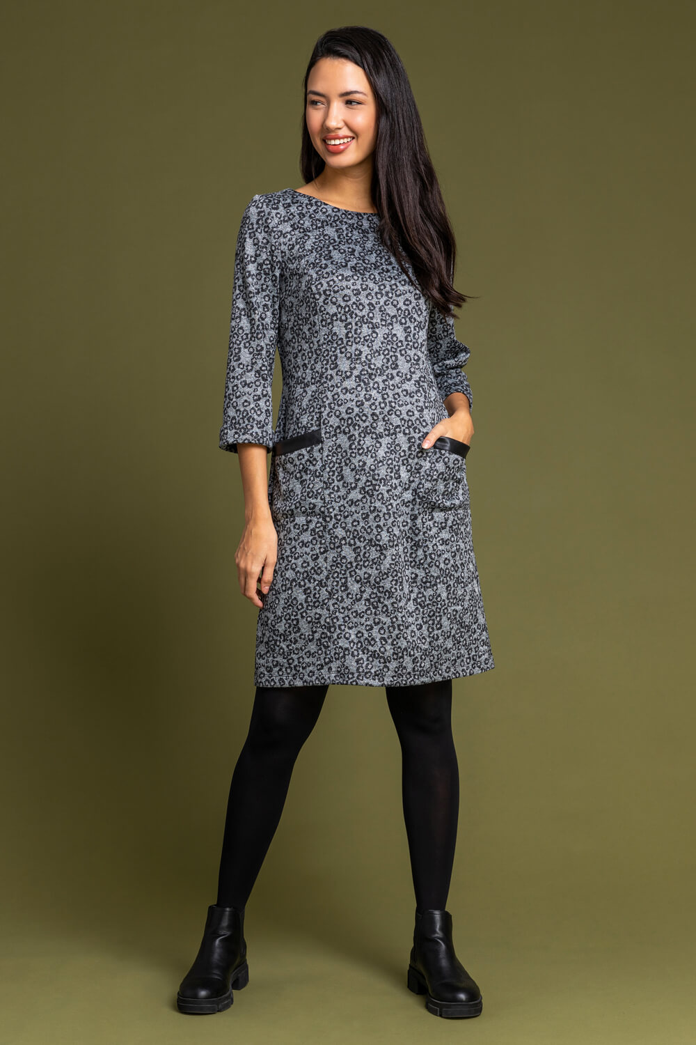 Grey Animal Print Pocket Trim Dress, Image 3 of 5