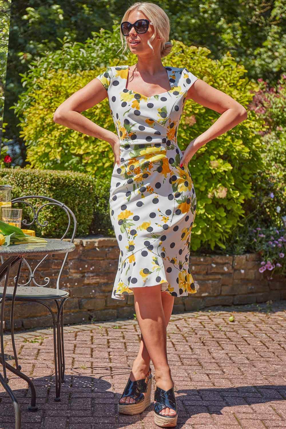 Yellow Floral Spot Fluted Fitted Scuba Dress, Image 3 of 4