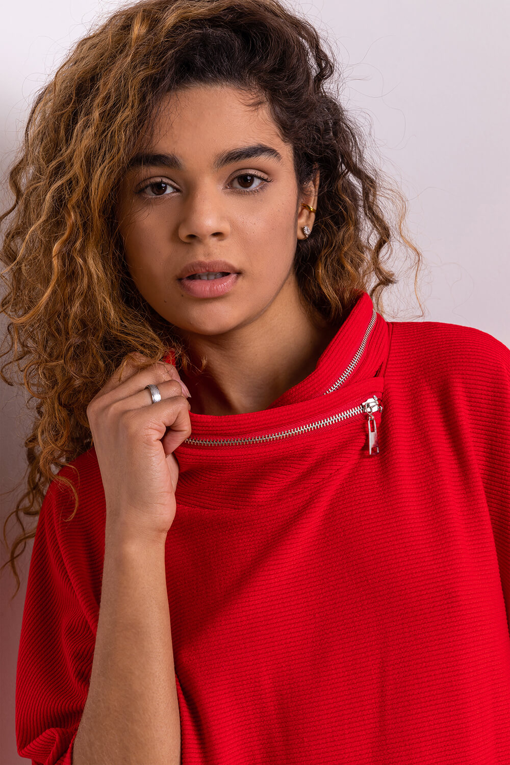 Red Zip Detail Cowl Neck Jersey Top, Image 4 of 5