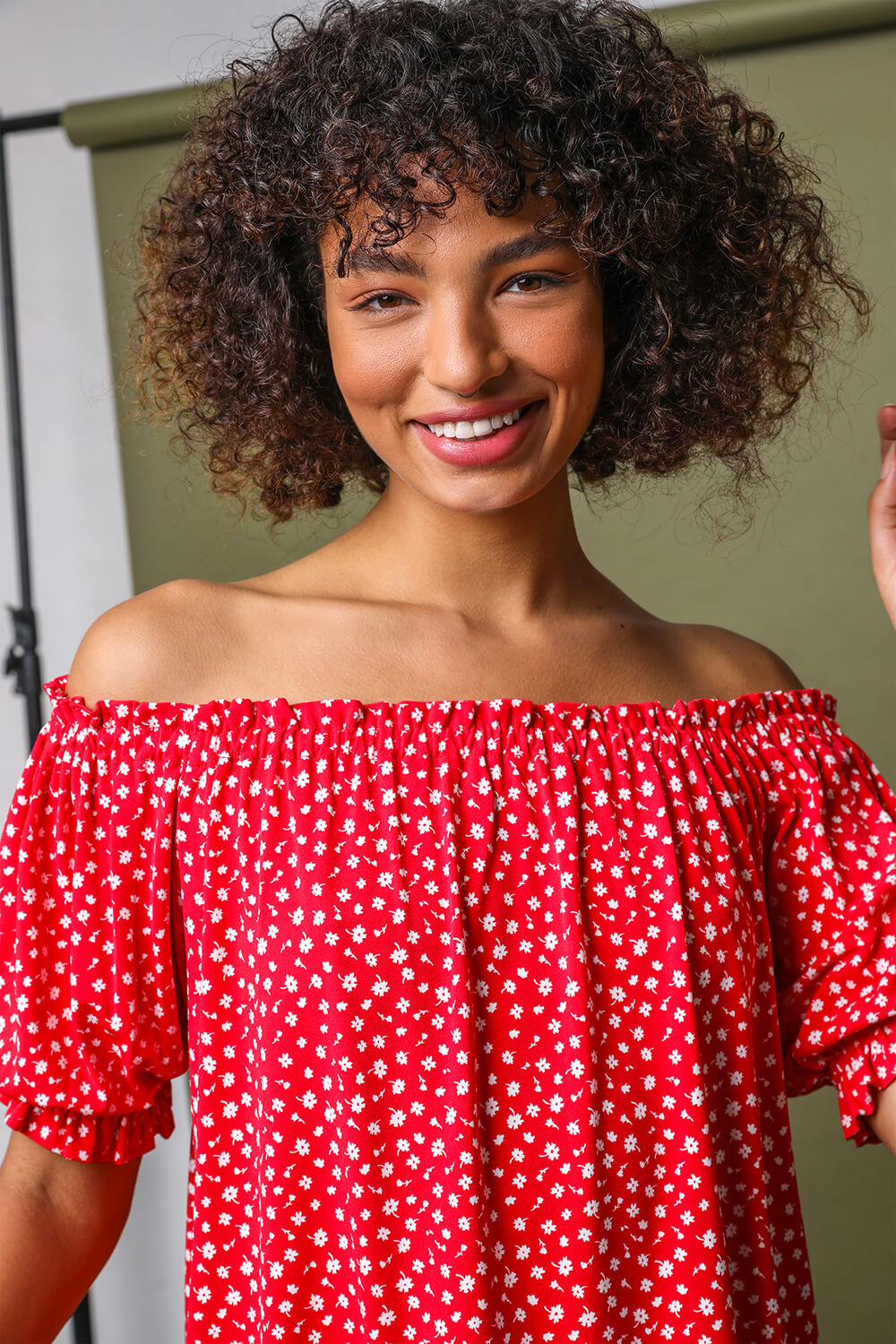 Red Ditsy Floral Print Bardot Top , Image 3 of 4