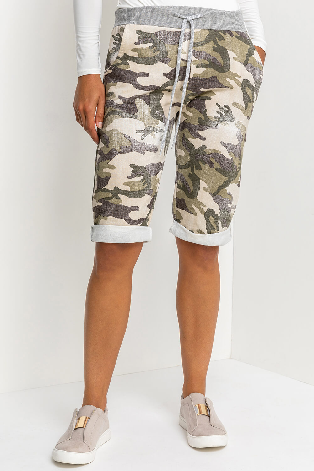 Pale Green Camo Print Jersey Shorts, Image 3 of 5