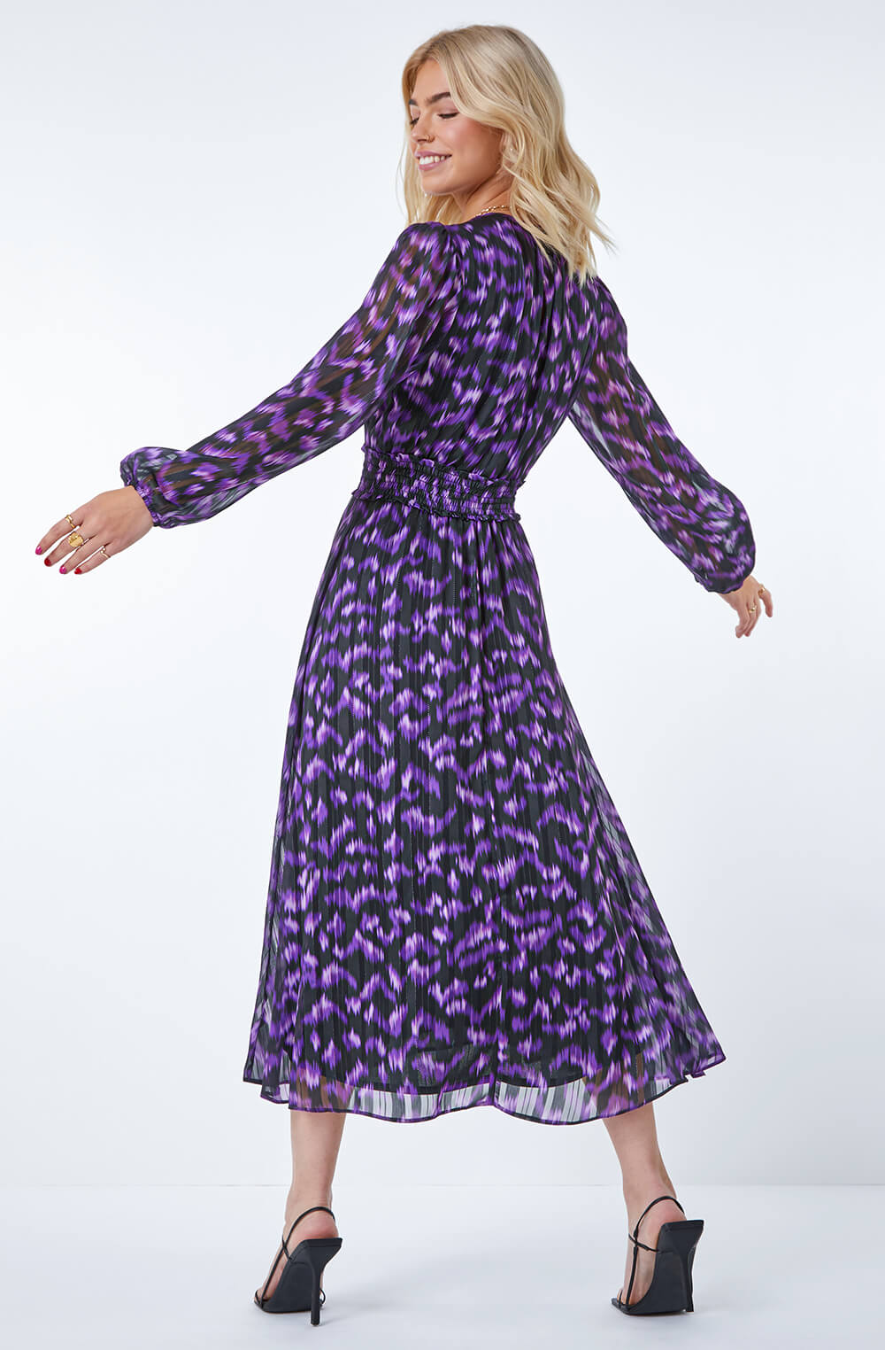 Purple Abstract Animal Shirred Midi Dress, Image 2 of 5