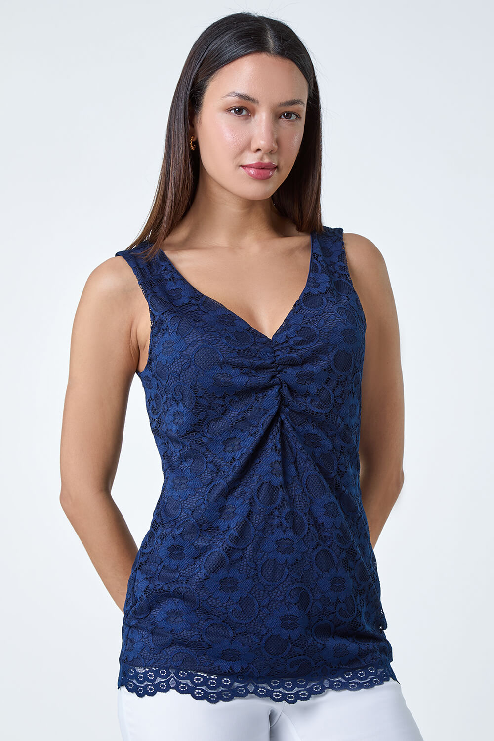 Navy  Lace Twist Front Stretch Top, Image 2 of 5