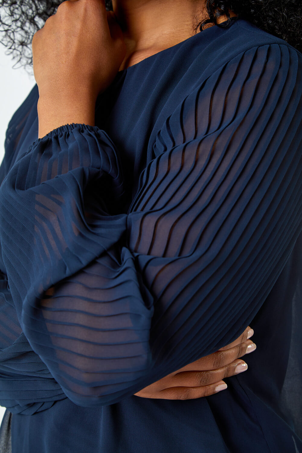 Navy  Petite Pleated Sleeve Gathered Top, Image 4 of 5