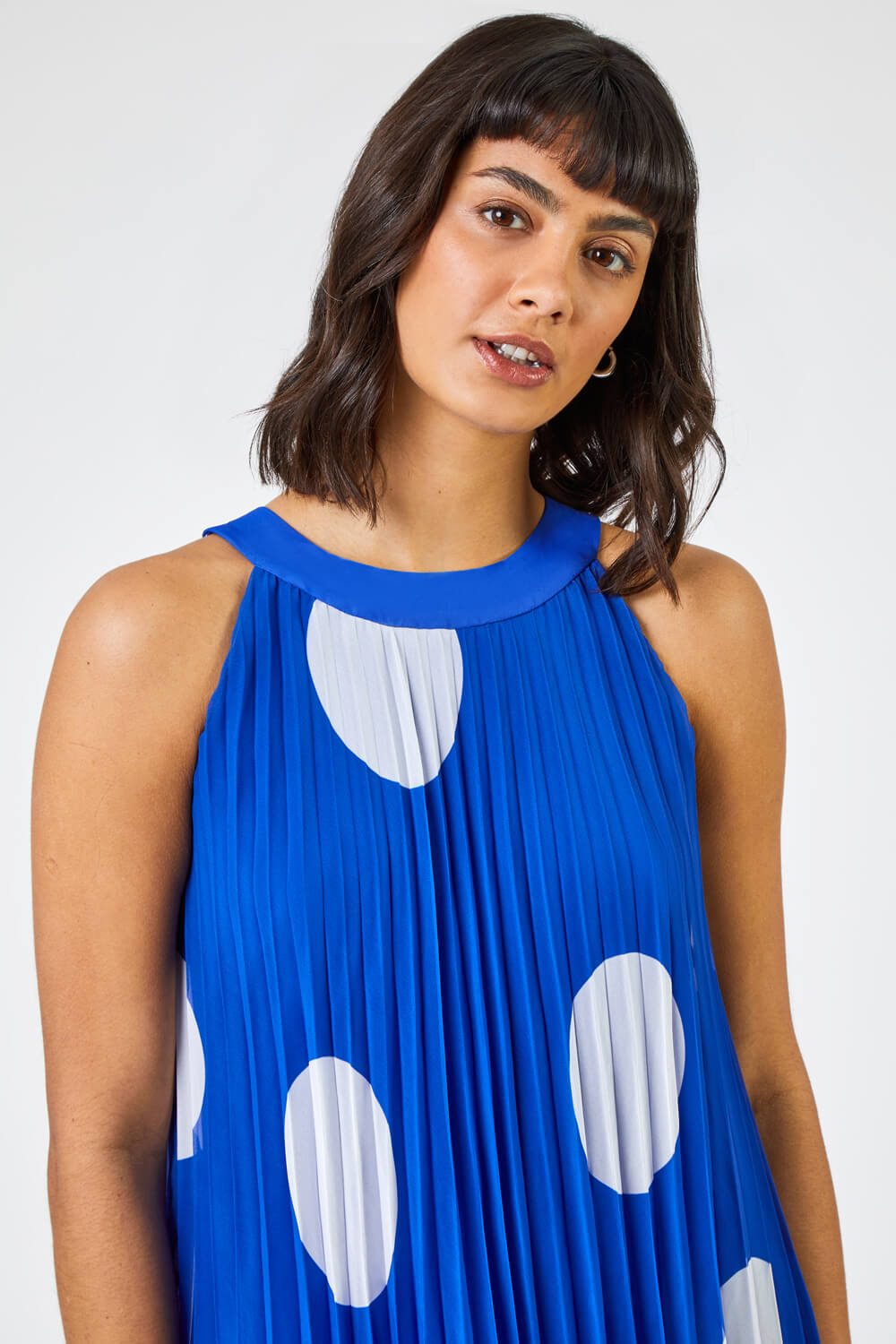 Royal Blue High Neck Spot Pleated Swing Dress, Image 4 of 5
