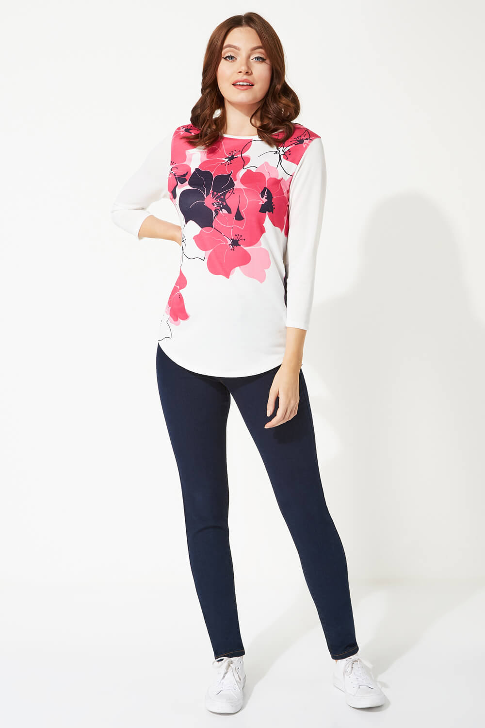 Fuchsia Floral Print 3/4 Sleeve Top, Image 2 of 8