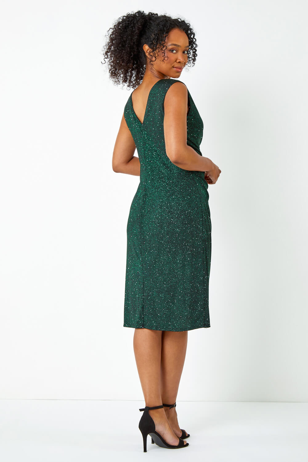 Green Petite Ruched Waterfall Stretch Dress, Image 3 of 5