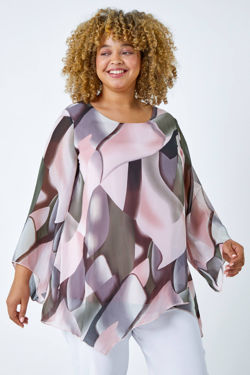 Light Pink Curve Abstract Chiffon Overlay Top, Image 3 of 5