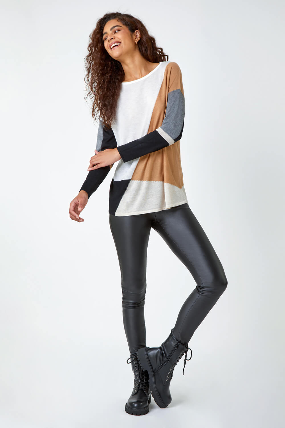 Tan Colour Block Knitted Jumper, Image 2 of 5