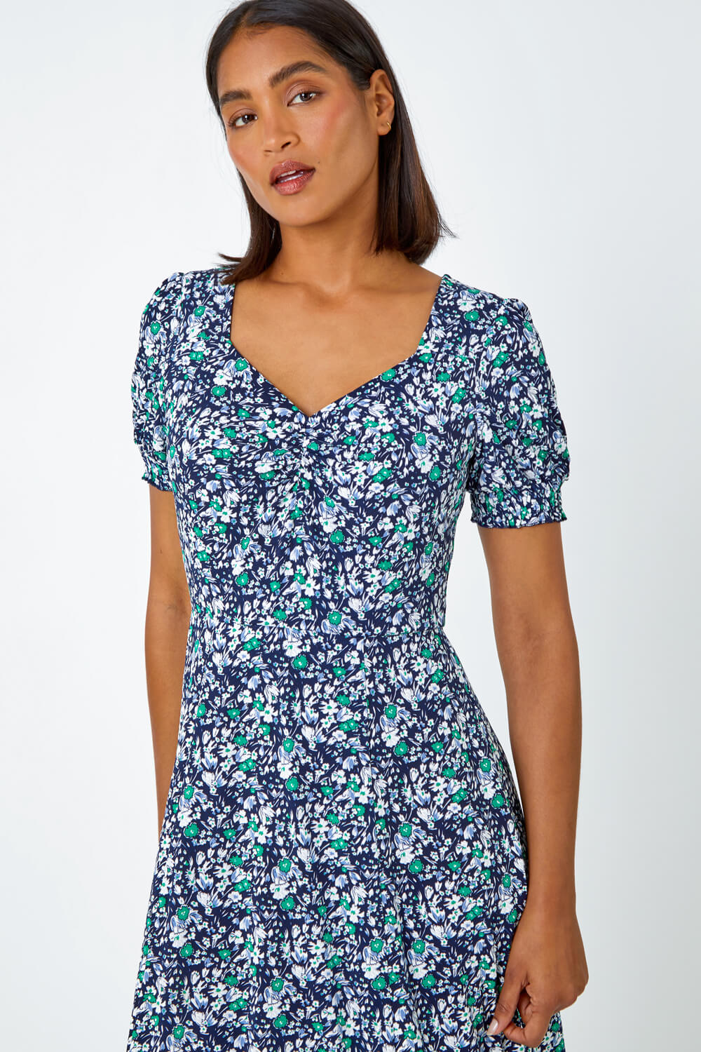 Green Ditsy Floral Ruched Stretch Midi Dress, Image 4 of 5