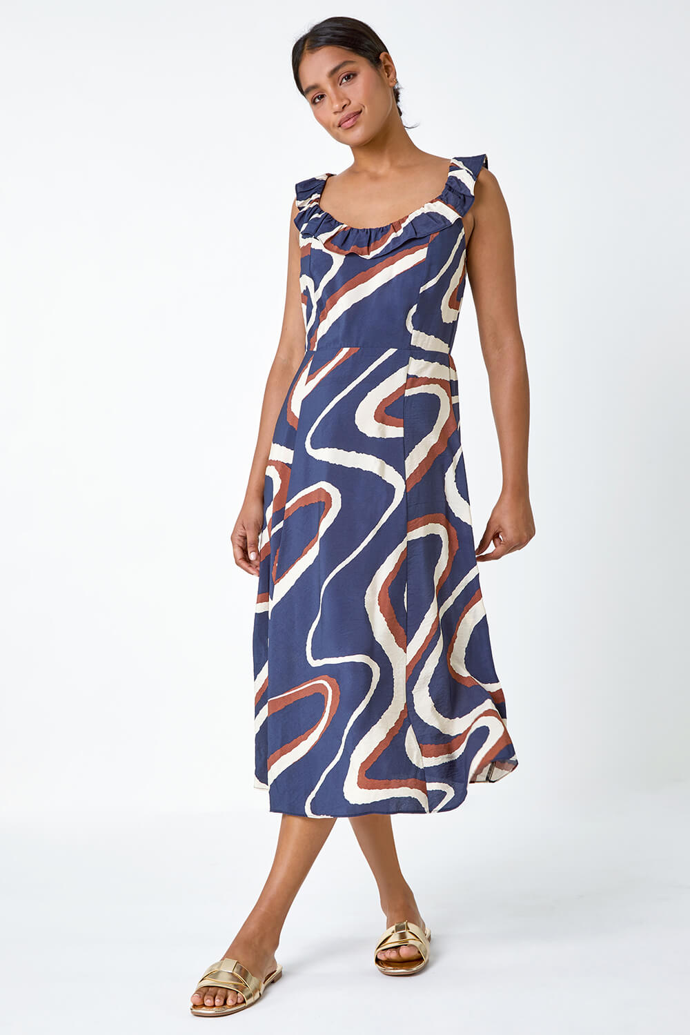 Frill Neck Swirl Print Midi Dress