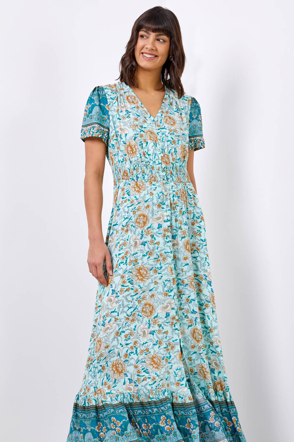 Floral Print Shirred Waist Maxi Dress in Aqua - Roman Originals UK