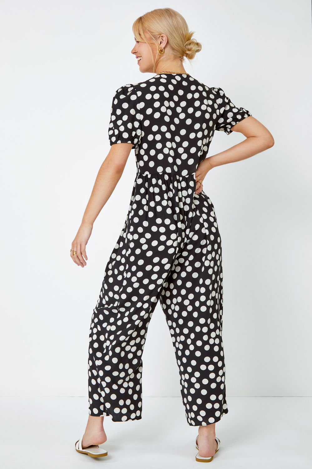 Black Polka Dot Print Culotte Jumpsuit, Image 3 of 5