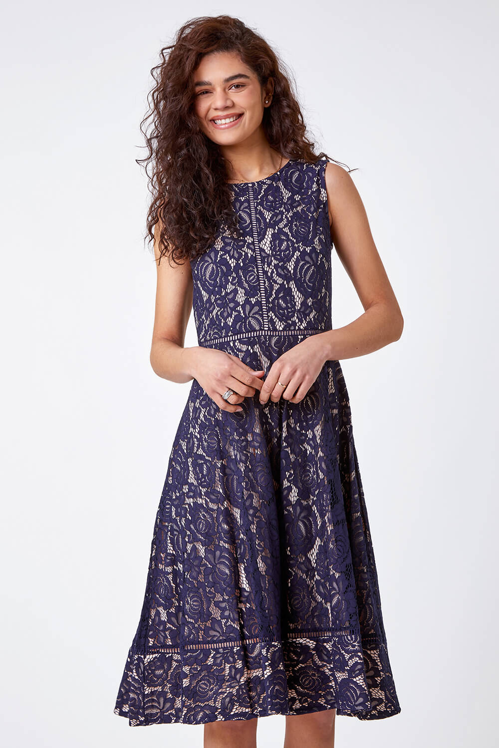 Navy  Fit And Flare Lace Midi Dress, Image 4 of 5