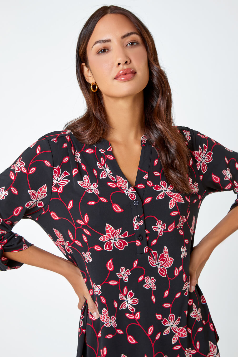 Red Textured Floral Stretch Jersey Shirt, Image 4 of 5