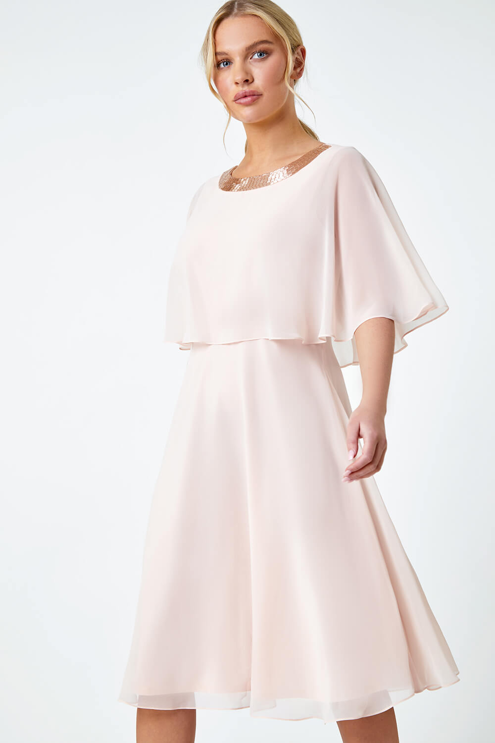 Light Pink Petite Sequin Trim Chiffon Cape Dress, Image 2 of 5
