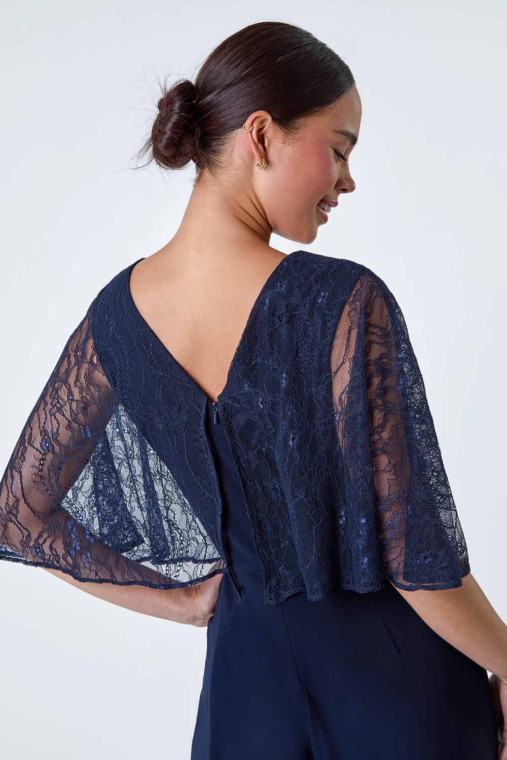 Navy  Petite Lace Overlay Wide Leg Jumpsuit, Image 5 of 5