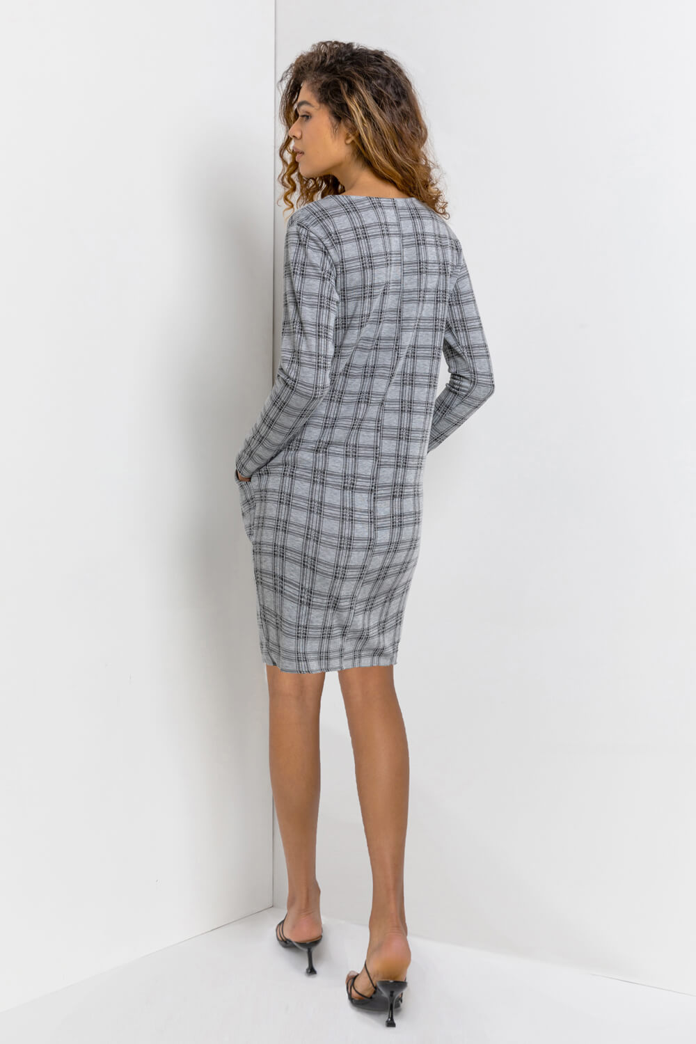Grey Check Print Pocket Shift Dress, Image 2 of 5