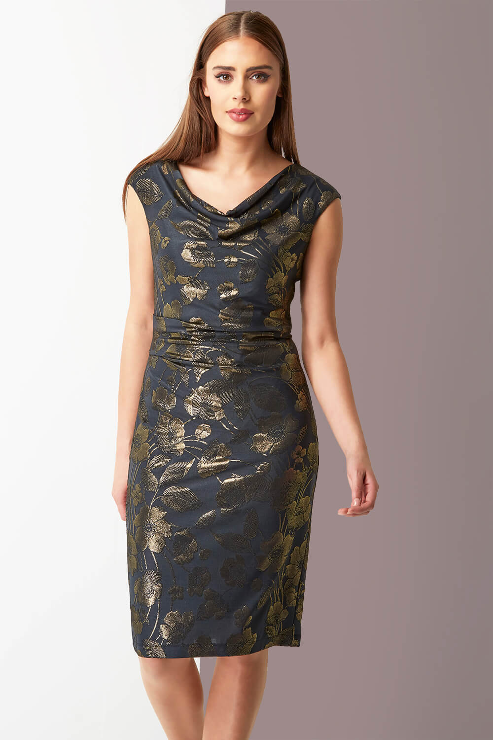 Floral Foil Jacquard Print Dress in Gold - Roman Originals UK