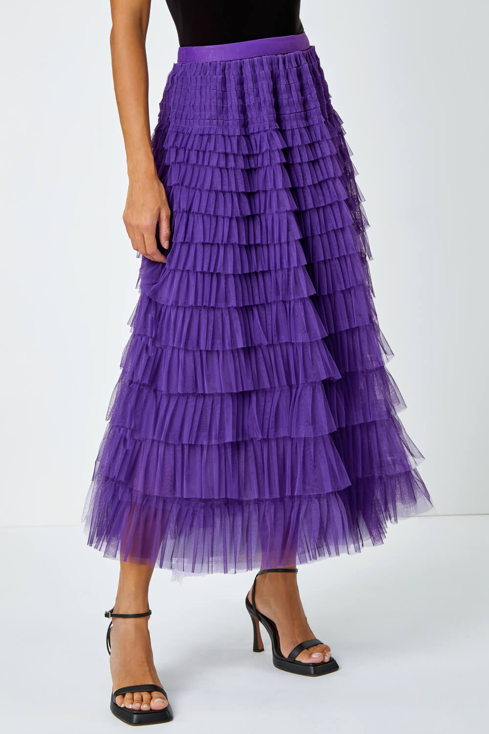 Purple Elasticated Mesh Tiered Ruffle Skirt | Roman UK