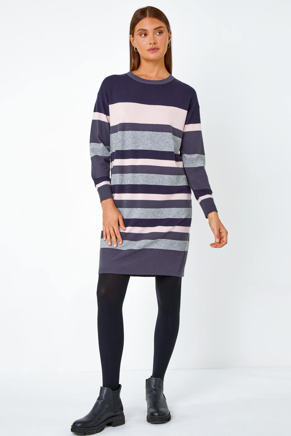 Navy  Stripe Print Knitted Jumper Dress, Image 2 of 5