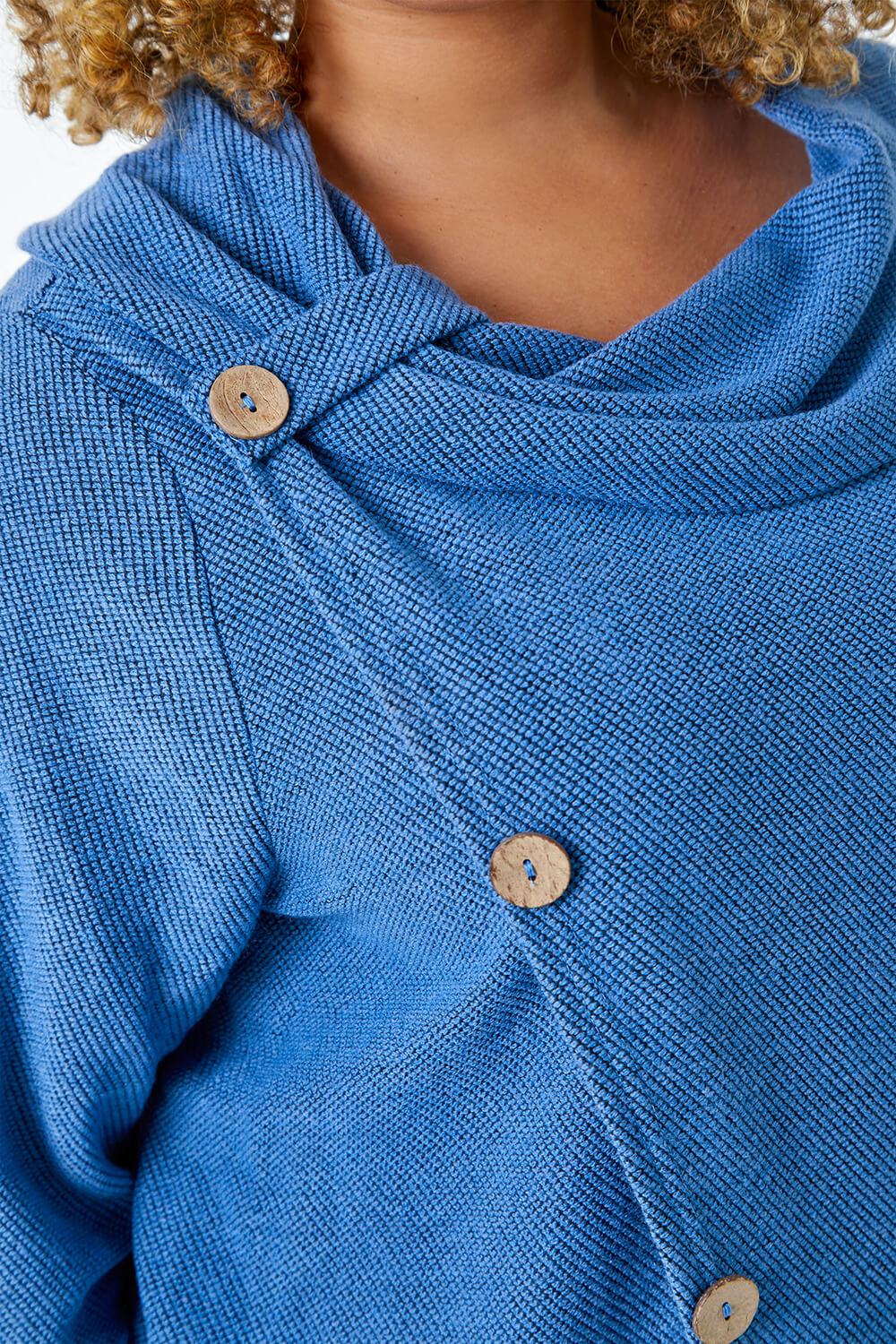 Blue Curve Cowl Neck Button Wrap Top, Image 5 of 5
