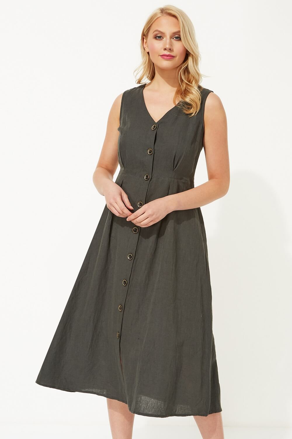 Button Through Linen Midi Dress
