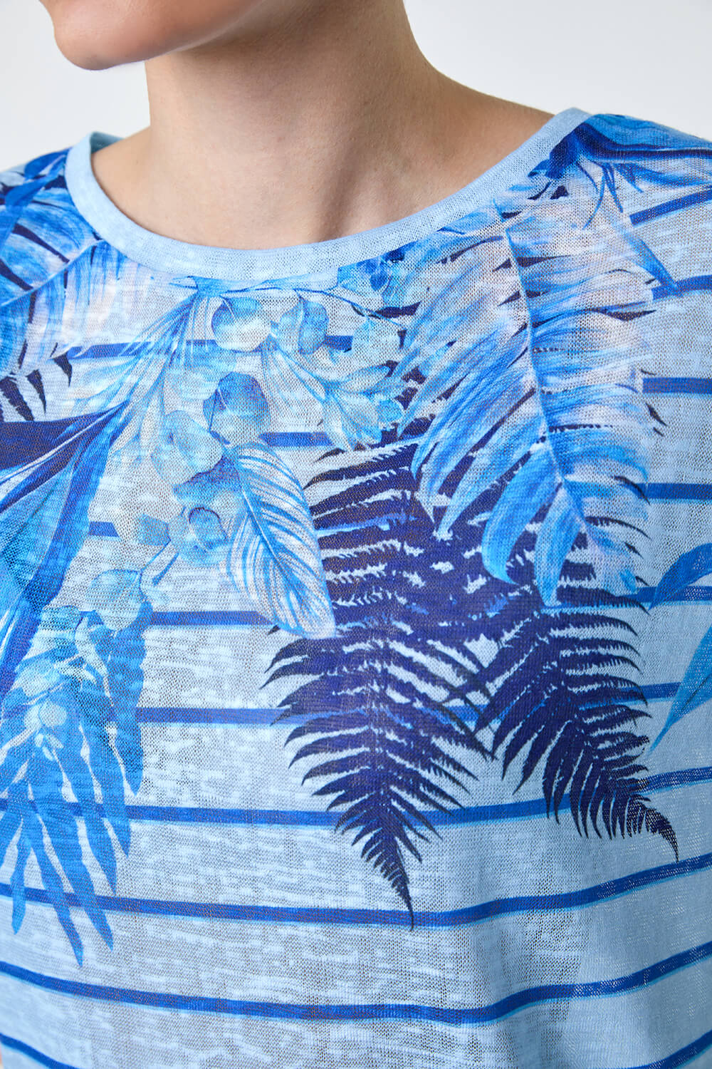 Blue Tropical Leaf Stripe Stretch T-Shirt, Image 5 of 5