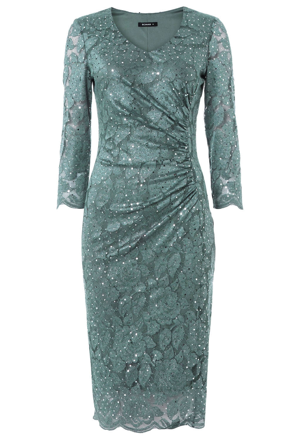 Green Lace Sequin Ruched Dress, Image 5 of 5