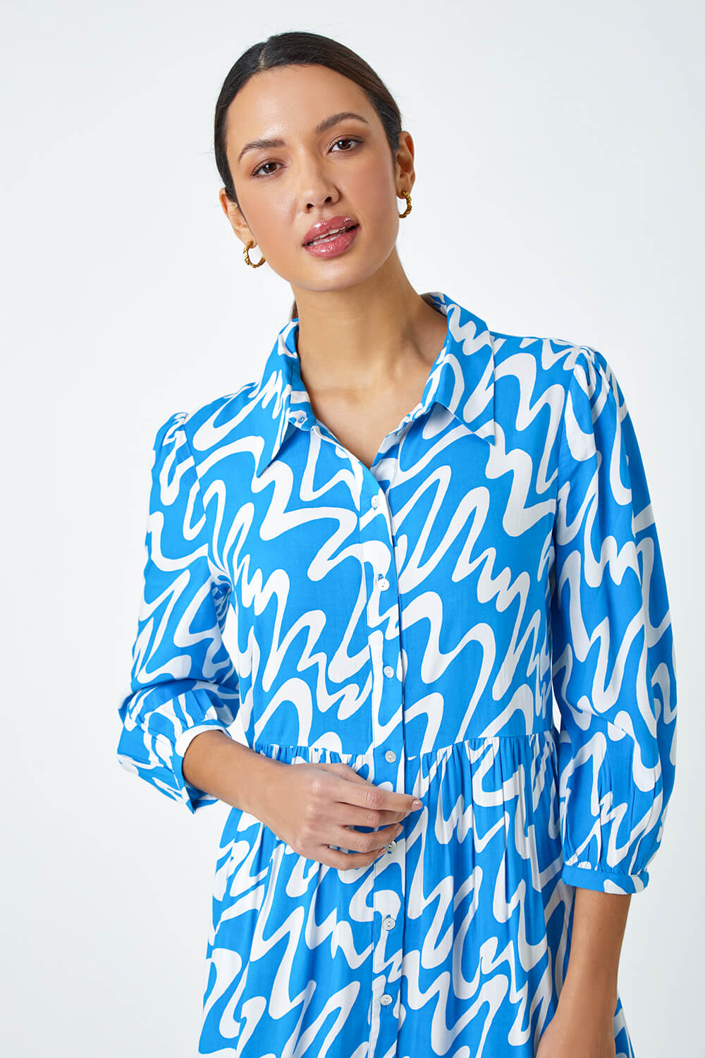 Turquoise Wave Print Tiered Shirt Dress, Image 4 of 5