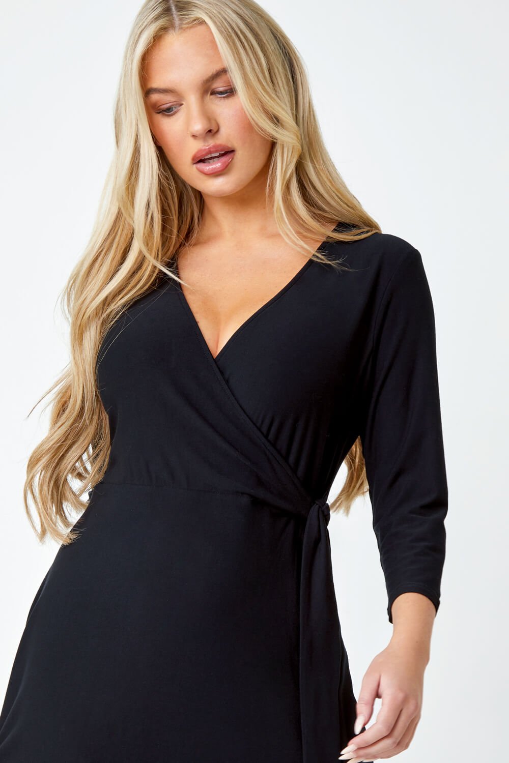 Black Petite Plain Stretch Wrap Midi Dress, Image 4 of 5