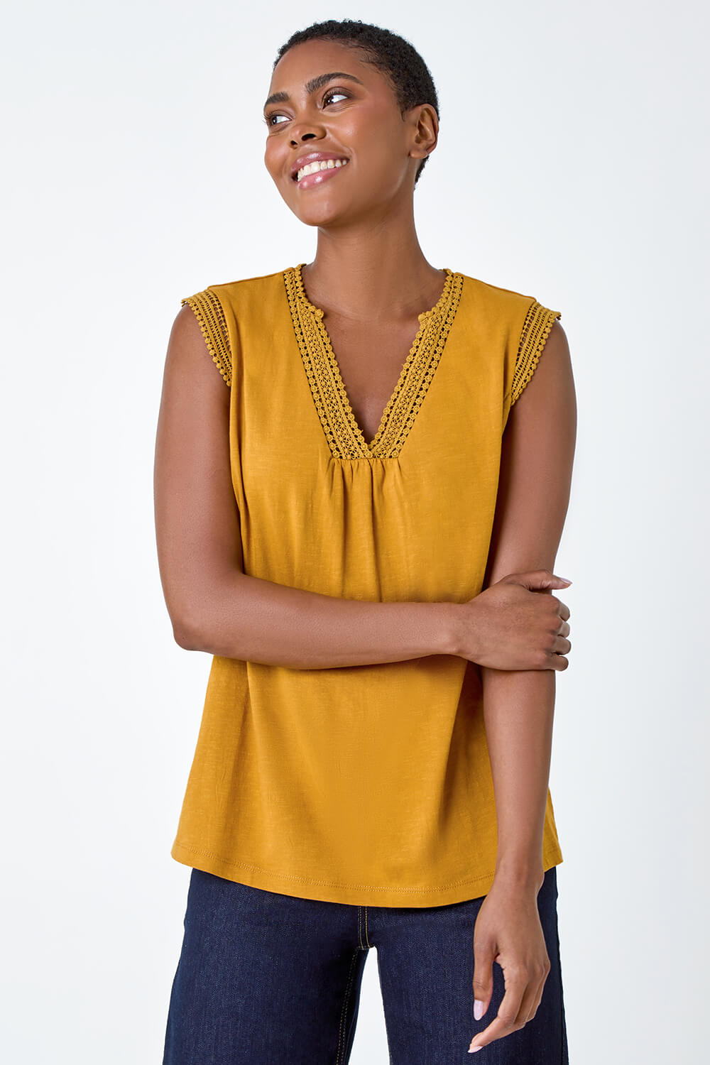 Ochre Sleeveless Lace Trim Cotton Top, Image 4 of 5