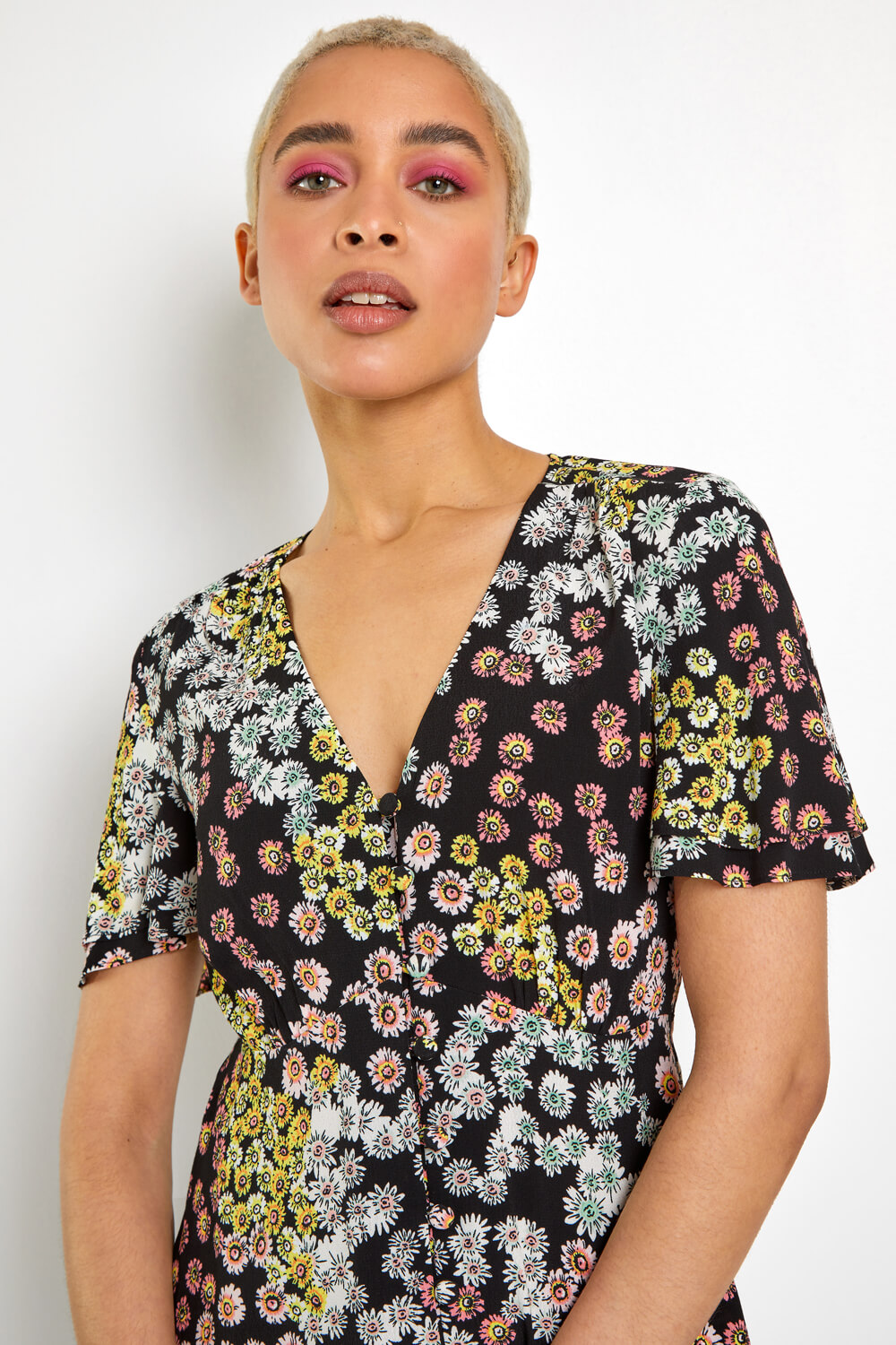 Floral Print Button Through Blouse In Black Roman Originals Uk 4748